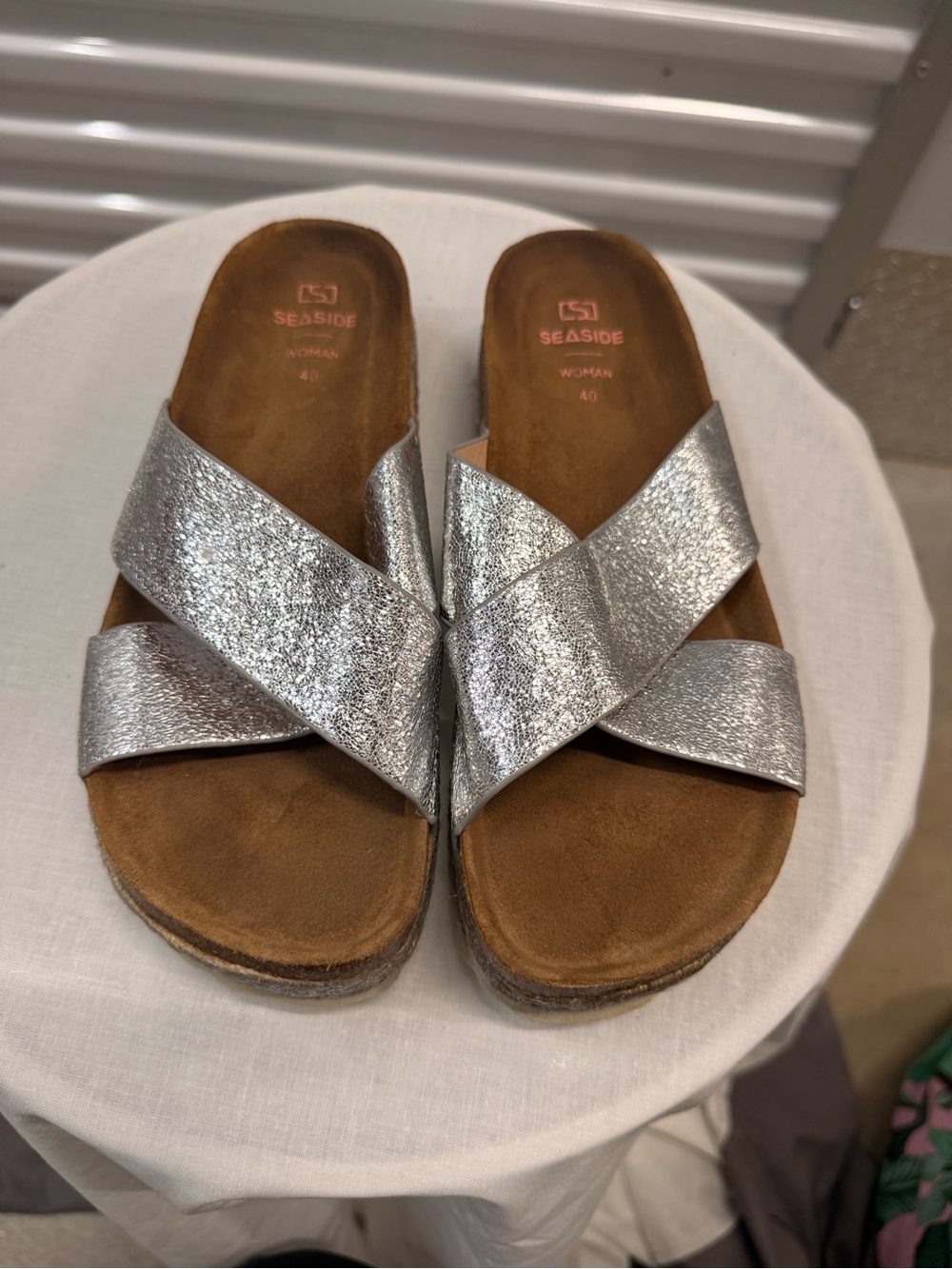 Seaside Silver Crisscross Footbed Mules